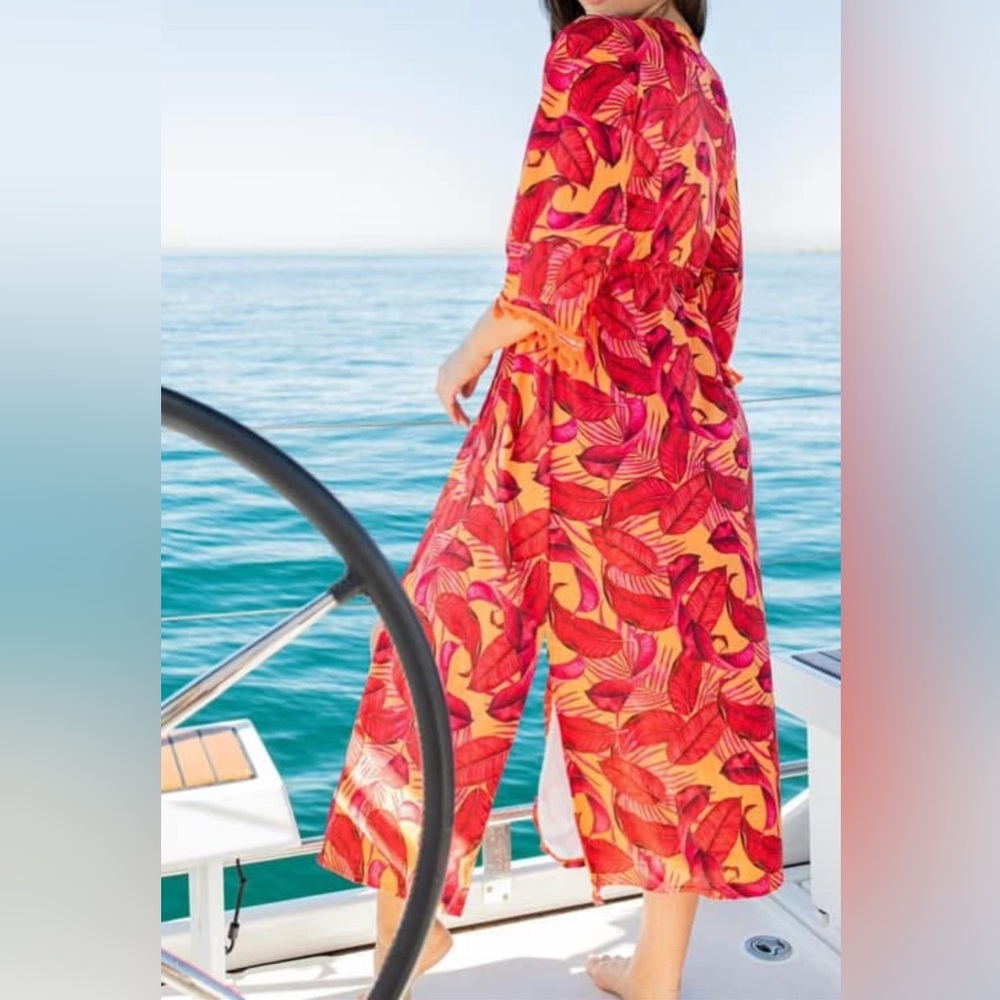Stylish Swimwear Orange/pink Tropical Print Women's Swim Cover-Up in Small